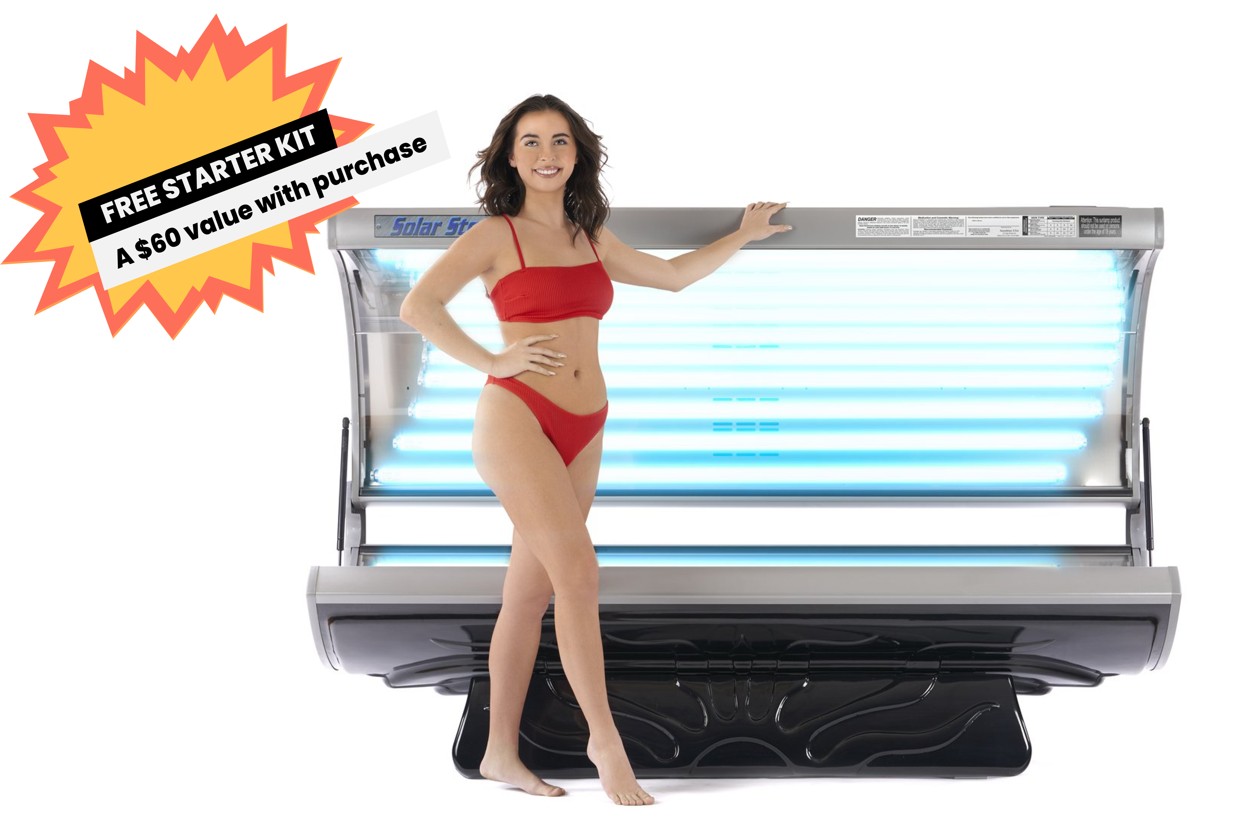 Solar Storm 24c - 24 Lamp Commercial Tanning Bed opened with model seated