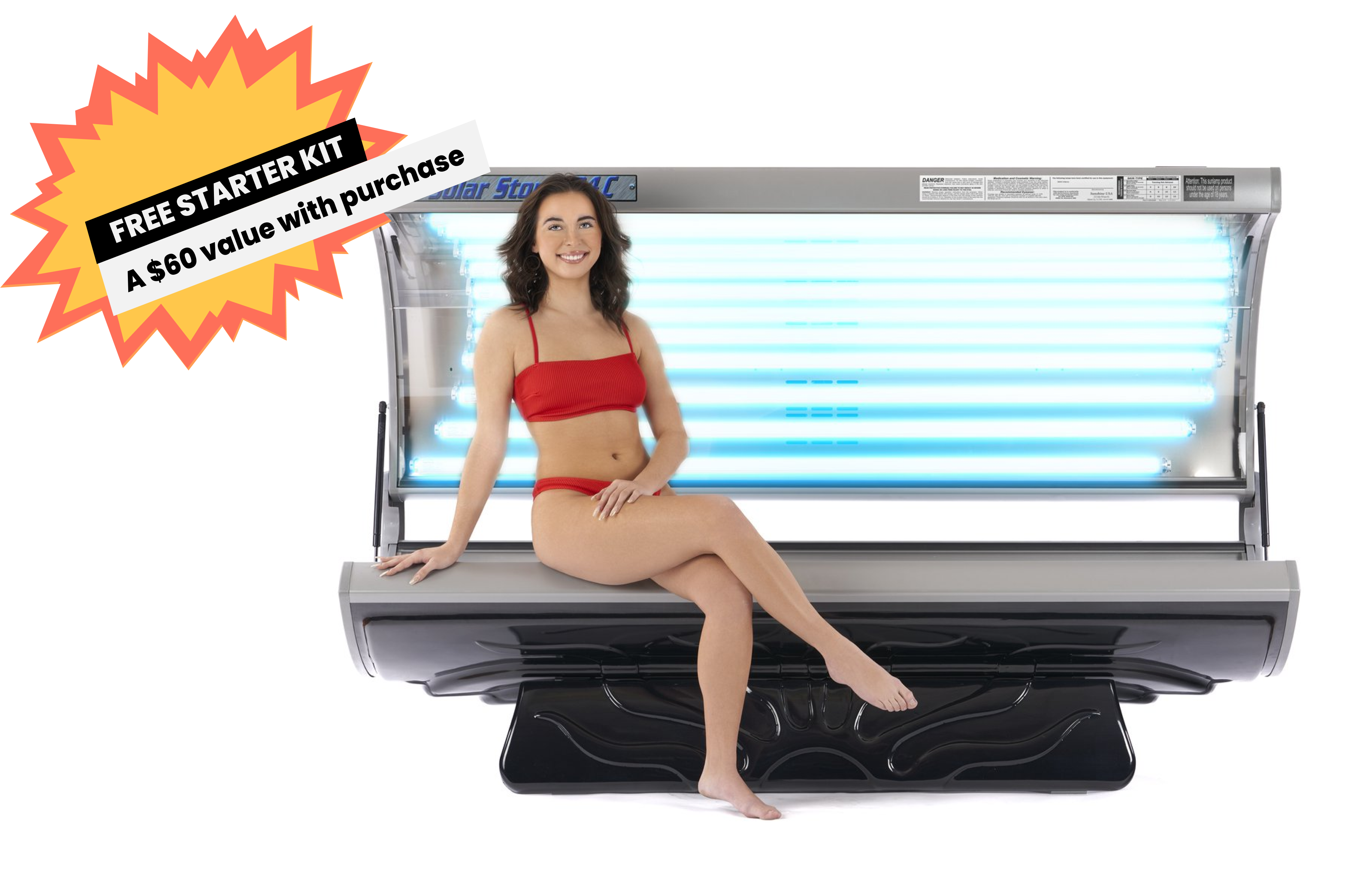 Solar Storm 24c - 24 Lamp Commercial Tanning Bed opened with model seated