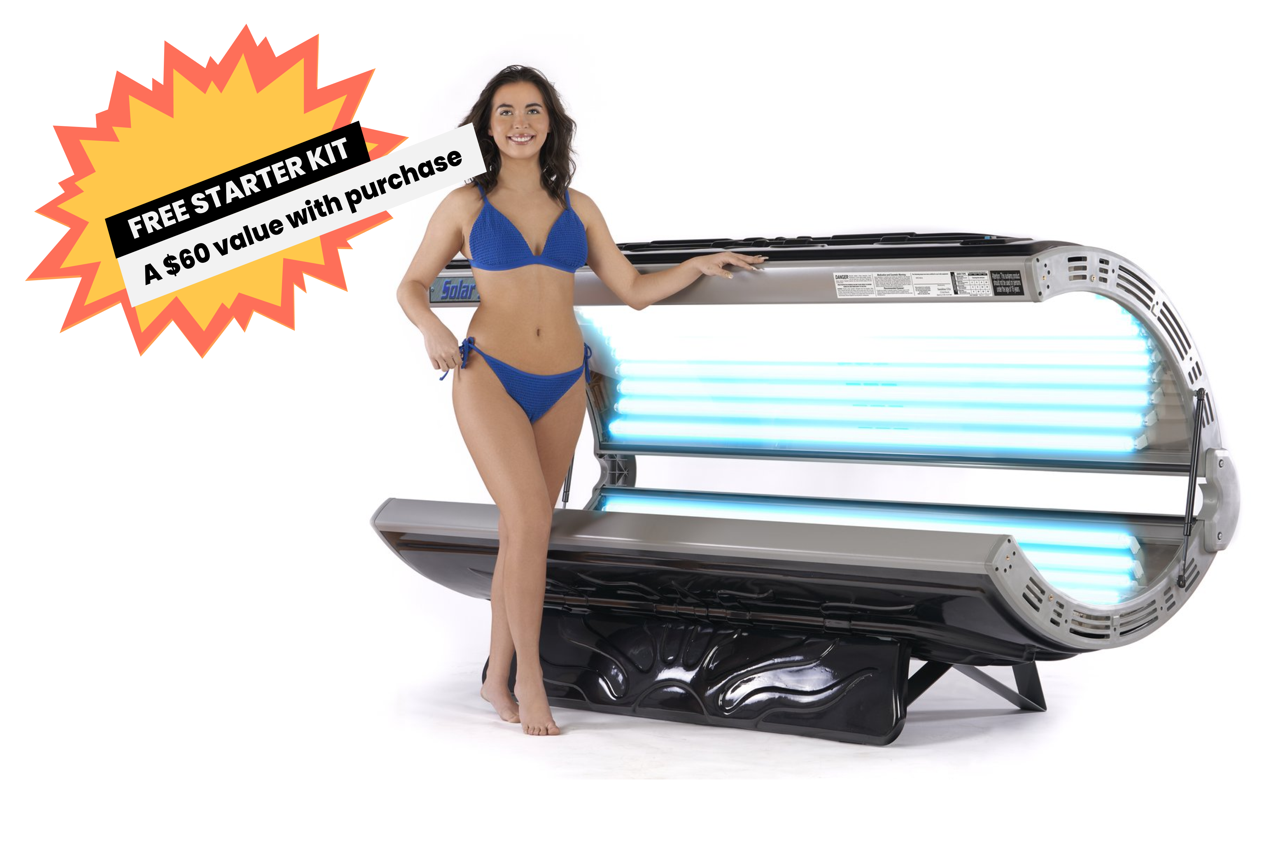 Solar Storm 32c Commercial Tanning Bed with 32 lamps opened with model standing