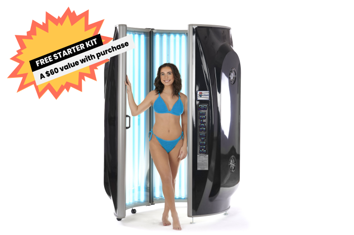 Solar Storm 36ST Commercial Vertical Tanning Bed with 36 lamps open with model