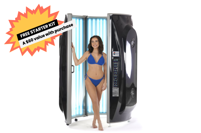 Solar Storm 48ST Commercial Vertical Tanning Bed with 48 lamps open with model