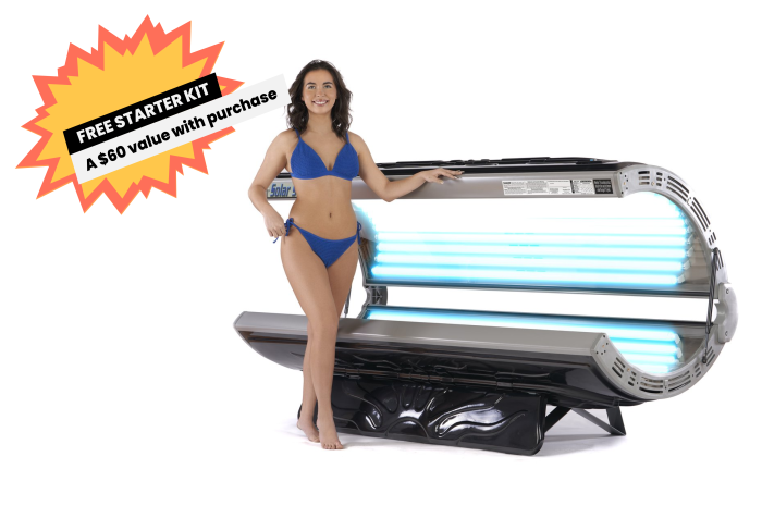 Solar Storm 32r Tanning Bed with 32 lamps opened with model standing