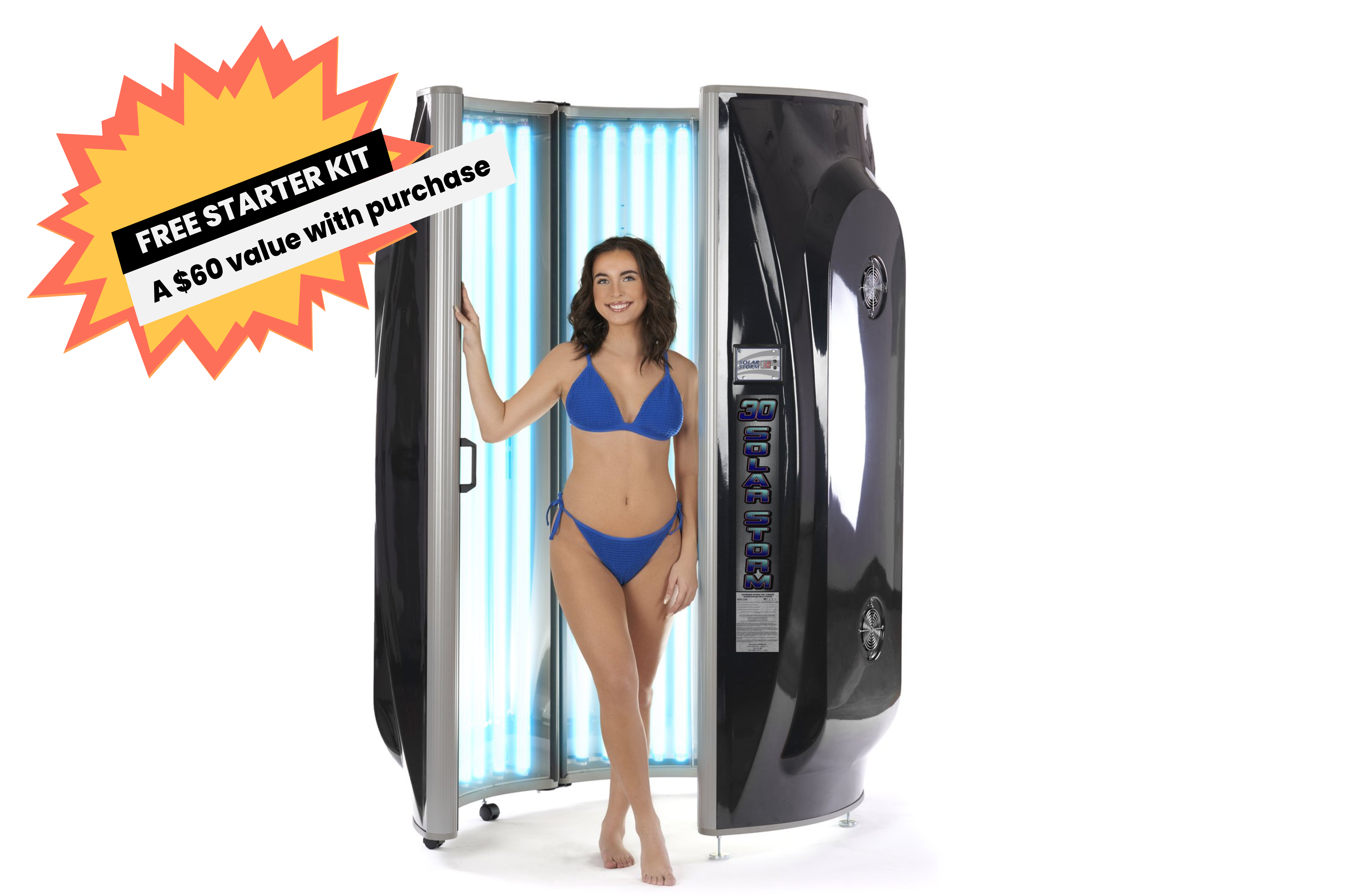 Solar Storm 30 Vertical Tanning Bed with 30 lamps opened with model standing inside