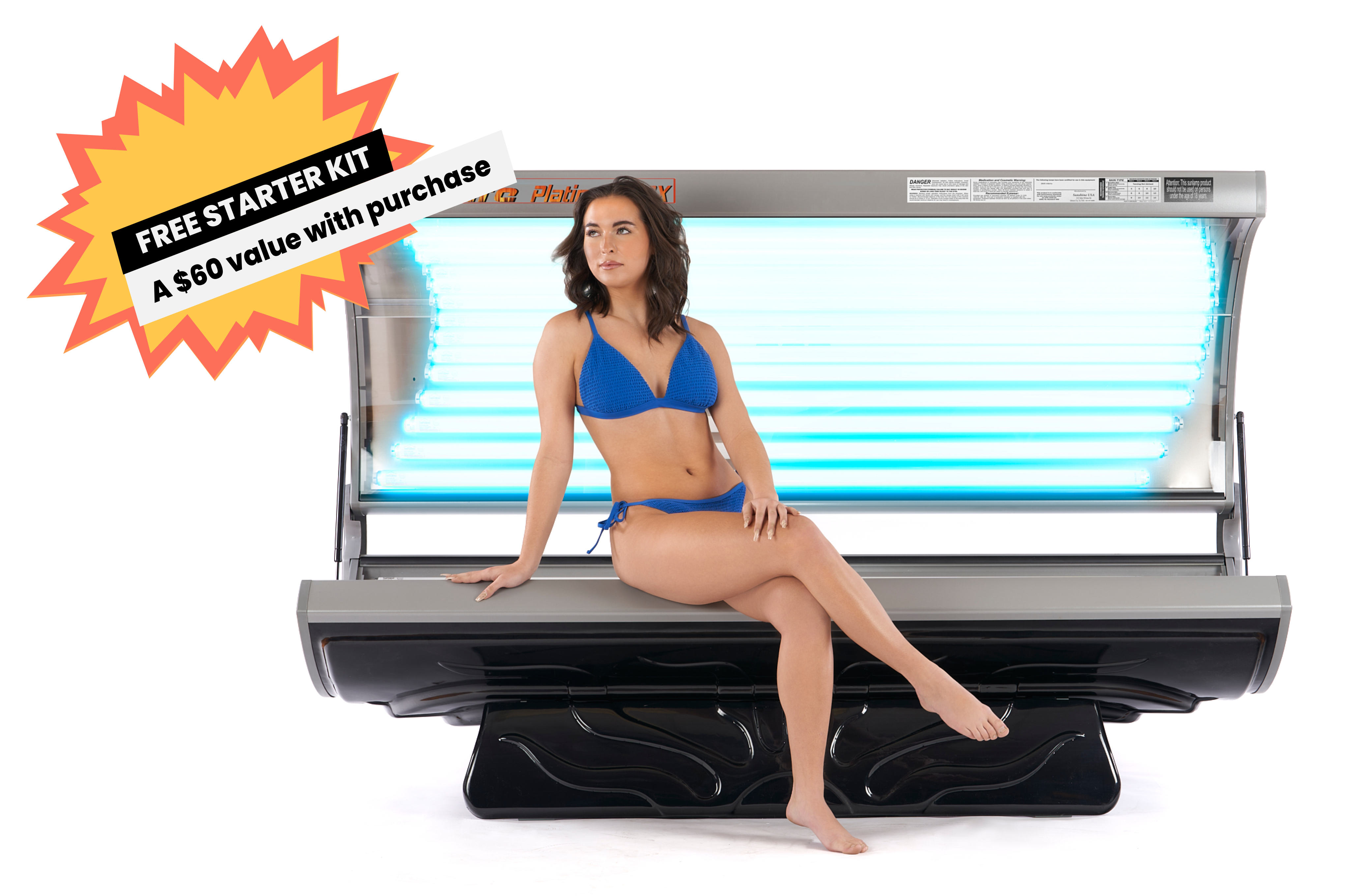 SunFire 32C Commercial Tanning Bed with 32 lamps open with Model seated